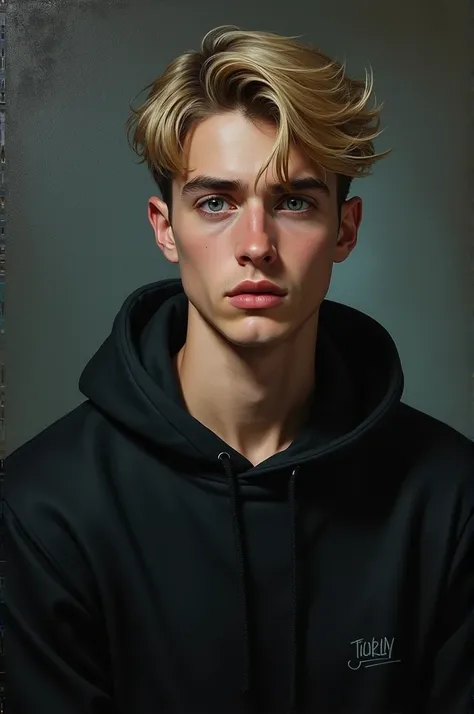 masterpiece, best quality, impasto, solo, 1 male, handsome, 25-years-old man, gloomy, short hair, blonde hair, green blue eyes, black hoodie , black nails, thin, His expression looked a little nervous, and there were dark circles under his eyes like he had...