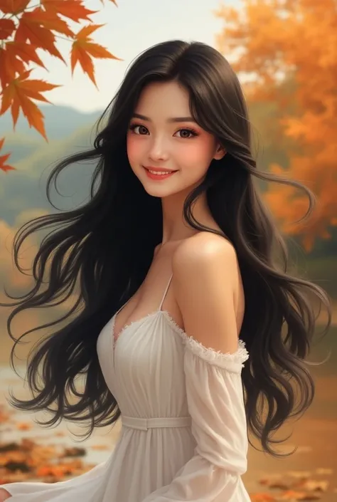  1 girl, solo,  High Resolution ,  slightly big breasts, Landscape、smile,From the shoulders up、Black Hair,  very long hair, 
Best Quality, autumn leaves、White Dress、