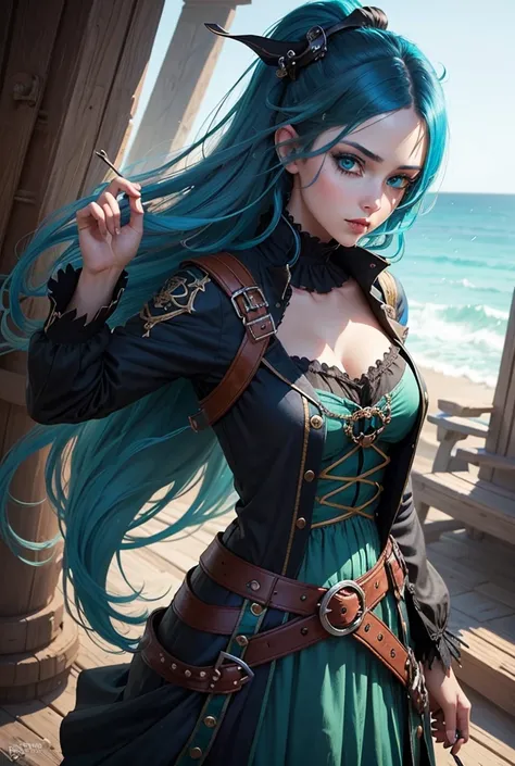 a beautiful girl, blue hair, green eyes, , black pirate clothes with vivid blue details