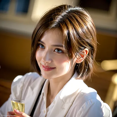 ((White Wine)),((Wine Glasses)),(Realistic, 超Realistic:1.4), 16K HDR,  High Resolution ,((White Wine)),((Wine Glasses)),Happy smile、short hair,The best smile、Japanese actress,so beautiful(It looks like the real thing),dress、Slim couple、Model Couple、(Realis...