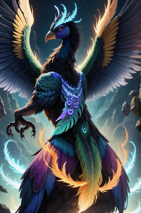 Phoenix that featured like immortal peacock, with gogantic golden rune halo at back, vibrant feathers, powerful wings, phoenix, zenith light, close-up shot: Phoenix, mythical creature, detailed feathers, intense colors, majestic pose,  azure and black colo...