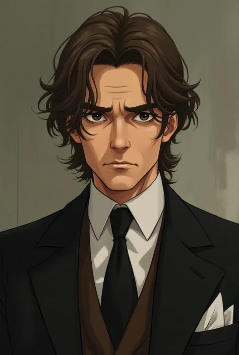 Make an anime-style drawing of a middle-aged man with messy hair with slightly pale dark circles in an elegant suit, brown hair, eyes, honey. 