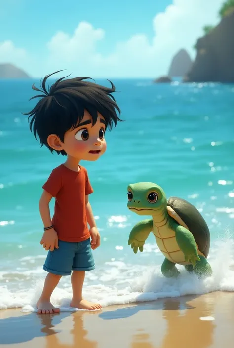 Disney Pixar cartoon type "Prompt: Picture the talking turtle, now facing Kabir, inviting him to dive into the ocean. Kabir, still wearing his red t-shirt and blue shorts, stands at the water’s edge with his toes just touching the surf. His eyes are wide w...