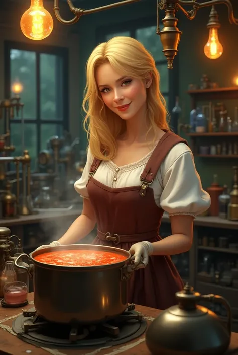 Milf 30-year-old blonde smiling  woman, making the boiling borscht in a steam punk laboratory , wearing eastern European peasant clothes 