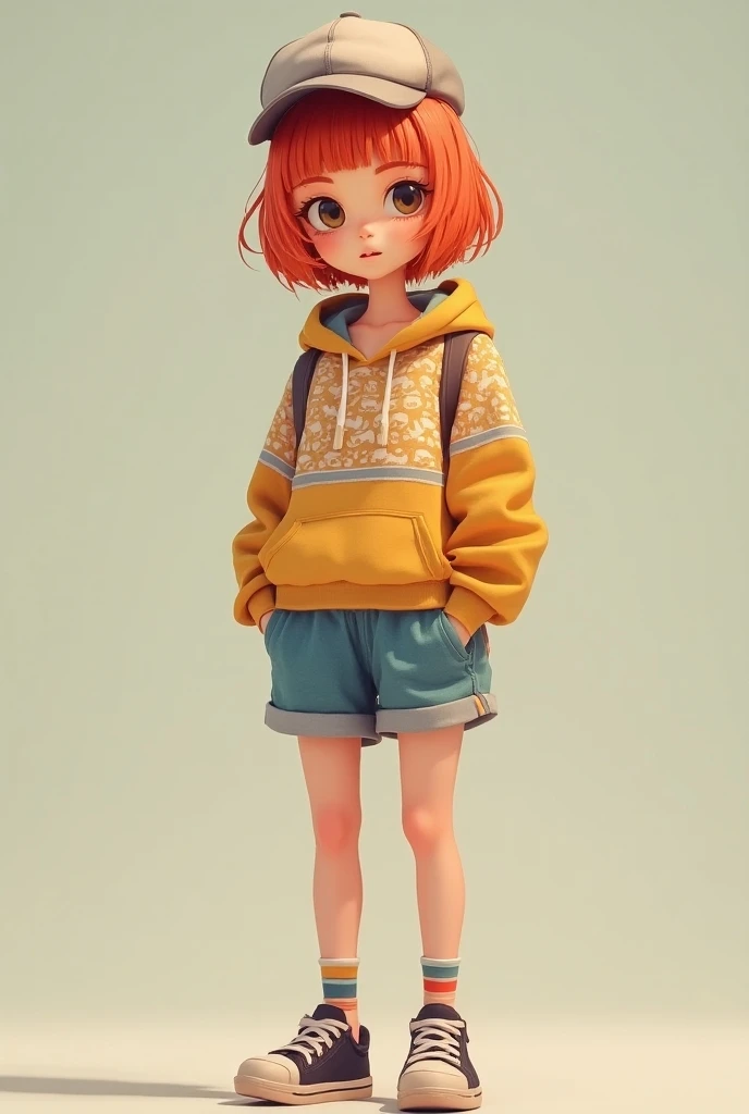 Create a girl with short orange hair more the height of a  with a sweatshirt with details and a blouse a long and short shorts and a cap in the back 
