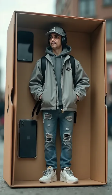 live-action、Real、 A sealed box containing a figure of a young man wearing street clothes、Nike sneakers、skate、backpacks、headphones、Cap、iPhone included 、 Red Nike shoebox similar to a shoe box 