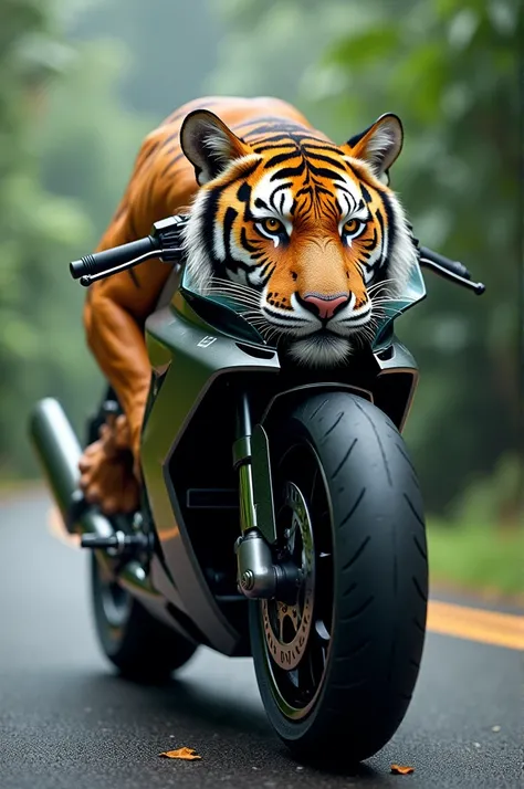 Create a hyper-realistic image of a hybrid creature that combines a sleek motorcycle with the powerful features of a tiger. The motorcycle should have a futuristic design, with metallic elements and sharp lines, seamlessly integrated with the tiger’s muscu...