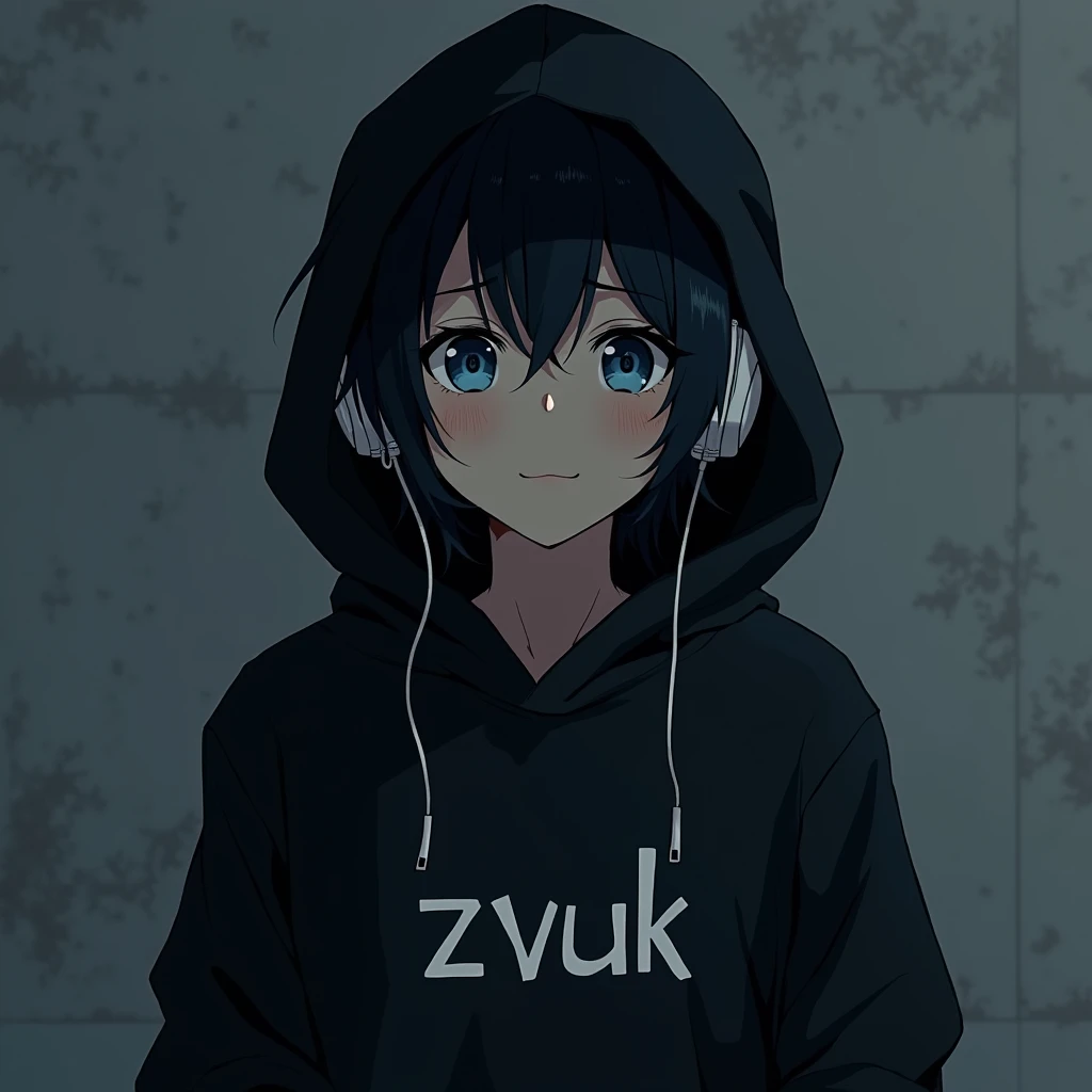 "A young anime boy with medium-length black hair, wearing a black hoodie with the word Zvuk on it. The hood is up, and he has striking blue eyes. He is listening to music through white headphones."
