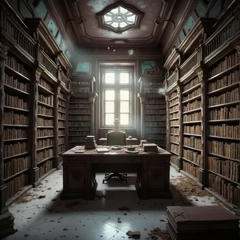 Scene 1: The Forgotten Library

A wide shot of an old, dimly lit library, covered in dust and cobwebs. Rows of ancient bookshelves stretch into the distance, with shafts of light piercing through broken windows.
