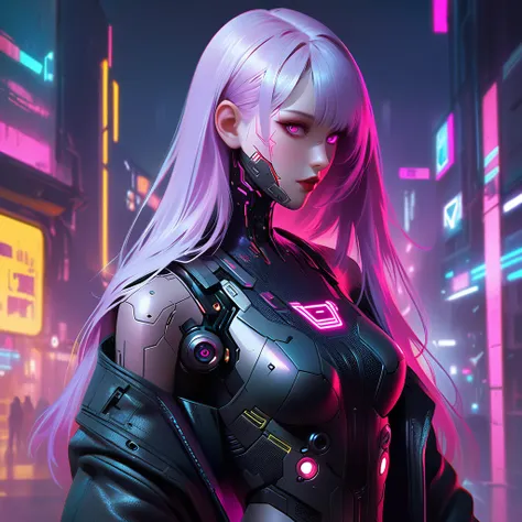 (cyberpunk, realistic illustration:1.4). Sexy cyborg lady, long violet hair, neon pink eyes, perfect figure.