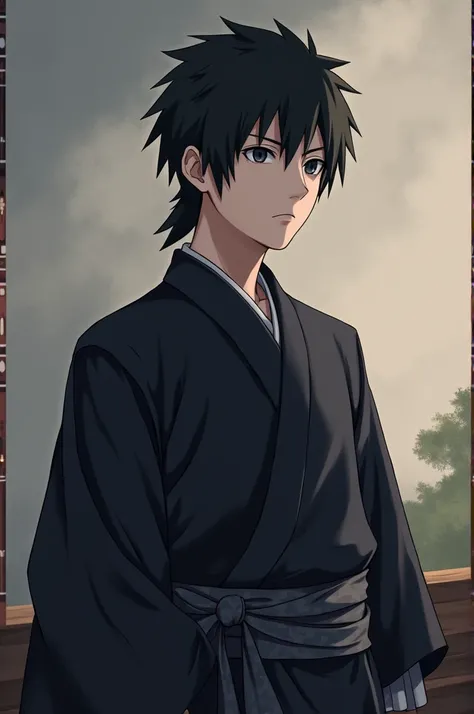 A 17-year-old Obito Uchiha poses for a portrait, dressed in elegant clothing that reflects the fashion of a historical era. His attire consists of a tailored, dark kimono-like robe with subtle patterns and a sash, giving him a noble, refined appearance. Hi...