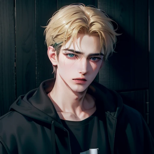 masterpiece, best quality, impasto, solo, 1 male, handsome, 25-years-old man, gloomy, short hair, blonde hair, green blue eyes, black hoodie, black nails, thin, biting your nails nervously, upper body, look anxious, dark ground Pierced ears and eyebrows, d...