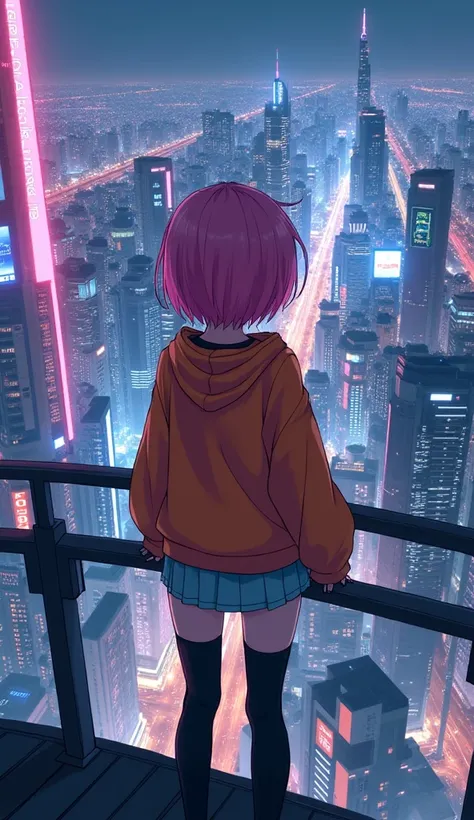 masterpiece, Best Quality,  High Resolution ,  very detailed,(((Cute girl with pink hair))), ((( japanese anime))), ((( overlooking the cityscape))), ((( Miniskirt ))), (((Black socks))), (((handrail))), (((塔の上にいる))), ((( orange hoodie with light blue line...