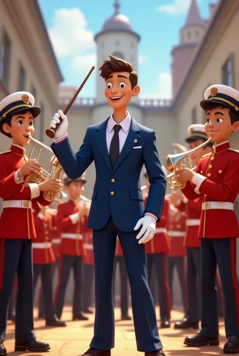 Band instructor age 24 with blue suit and white gloves with baton at Pixar
Accompanied by young musicians wearing military uniforms, red jacket with white and white pants with red lines with captains hat 