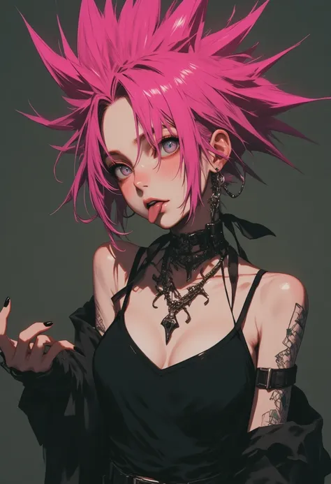 a young japanese woman with an extravagant pink Mohawk, bratty, sticking out tongue, punk rock, muted colors, soft lighting, medium breasts, cleavage, 
