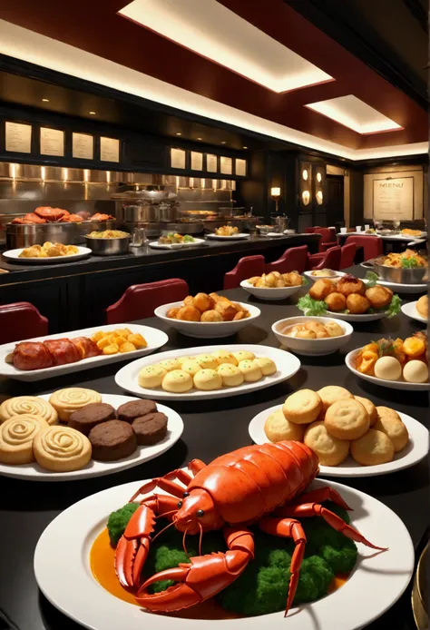 Set in a high class restaurant, lots off food be demonstrated, set inside a high-end restaurant like from the movie "The Menu", focus on food, food looks perfect with crisp lines, the food is classic dishes like Sunday roast, frosted cookies, boiled lobste...