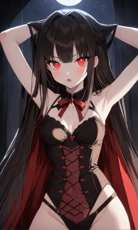 a cute woman (role of dracula, age 25, sexy vampire outfit, sharp fangs, pale, slick straight hair)m she is in a bedroom with he...