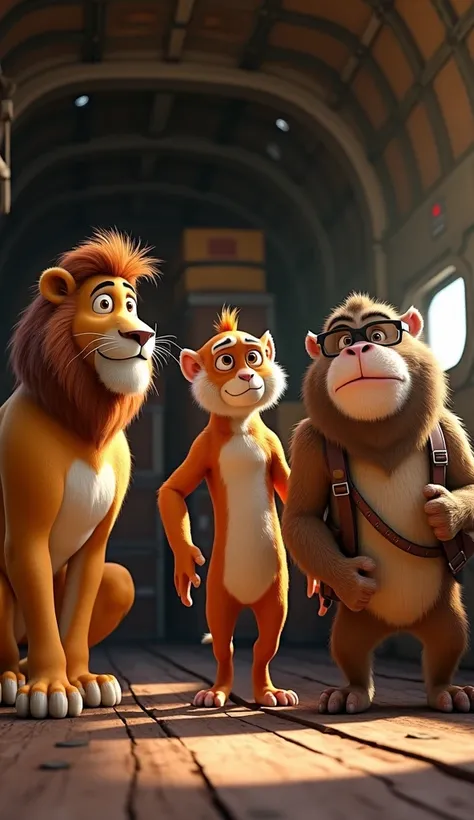 Create a Pixar-style scene inside a cargo plane featuring four animals: an old lion with a wise, worn expression, a muscular and proud-looking tiger, a clever-looking monkey with glasses or a thoughtful pose, and a scruffy stray dog with a large brown back...