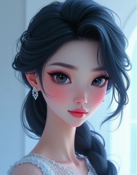 Elsa × Jennie Kim South Korean singer and rapper hairstyle, 
 Elsa has a heart-shaped face with high cheekbones, a slender nose, and a pointed chin. Her facial features are delicate yet striking, with a subtle angularity that adds to her icy beauty.
