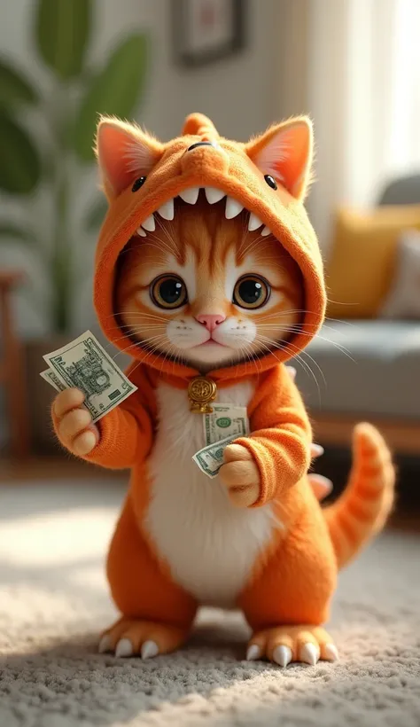 (photorealism:1.2), "A cute orange kitten standing in living room, her hand holding some money, dressed in an adorable dinosaur costume full of her body. The costume has an orange and white body with a hood that looks like a dinosaurs head with sharp teeth...