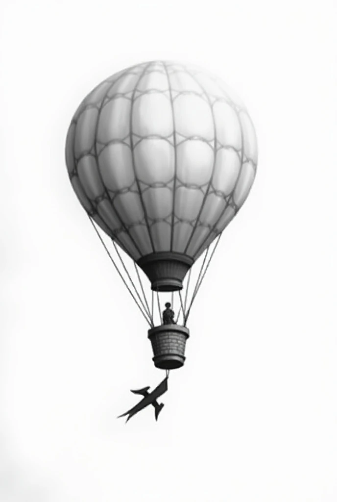  Black and white tattoo design of an unmanned hot air balloon,  with a stylized and detailed design .  The balloon must be holding an Akai Ito themed flag , symbolizing destiny and connections .  The style must be elegant and minimalist 