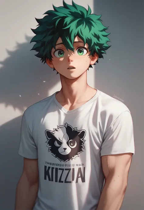 Izuku Midoriya and bright green eyes and body in on the bottom of the bright ocean and wearing a wide white t-shirt