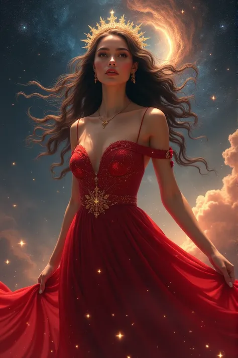 Hyperrealistic portrait of Naomi Scott wearing a red dress and a crown of stars worthy of a princess of the cosmos on a starry background  