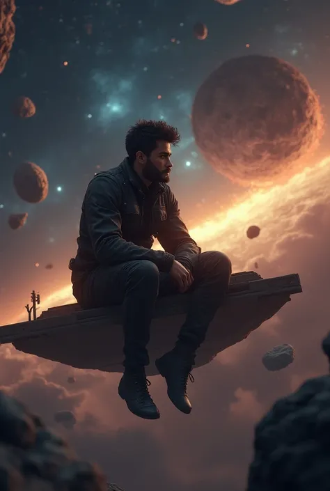 Draw a young programmer, sitting on a research platform floating in the middle of an asteroid belt. He is studying with a notebook, surrounded by several asteroids glowing with fiery auras. Dramatic lighting from distant stars and planets illuminates the s...