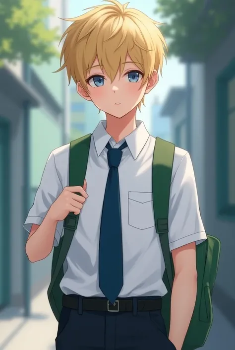  Taehyung BTS uniform at school with a backpack, green , blonde hair and blue eyes 