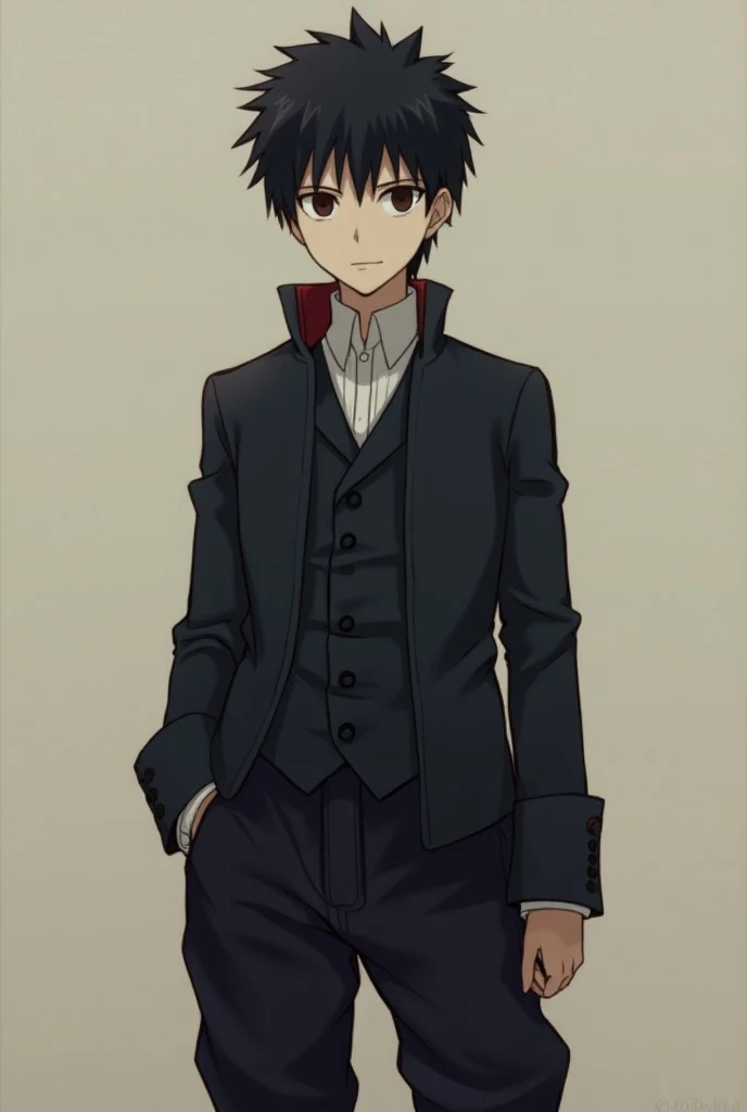 A 17-year-old Obito Uchiha poses for a portrait, dressed in elegant clothing that reflects the fashion of a historical era. His attire consists of elegant XVI century fashion suit giving him a noble, refined appearance. His figure small but stands tall and...