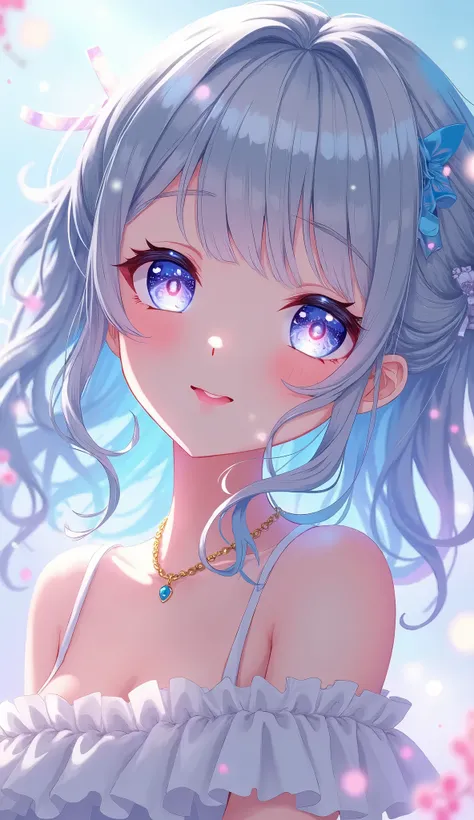  light blue hair、light gray hair 、Shiny Hair,  Gradient Color Hairstyles, Pastel colors、 smile, Gradient color eyes, White ruffle dress、 High Resolution , masterpiece, number々Awards, 高quality,  High Resolution モデル,  ultra-fine,  Textured Skin,  very detail...