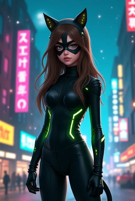 A girl with long brown hair in a cat noir costume 