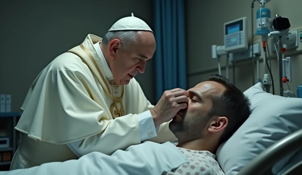  In a hospital ward ,  Pope Francis bends over a terminally ill patient to grant extreme anointing .  His eyes reflect sadness and sadness while he traces the sign of the cross on the patients forehead. your voice, almost a whisper,  is filled with solemni...