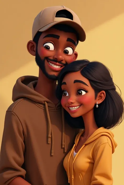 Disney Pixar cover . 
Young man with dark skin.  He has a beard that surrounds his jaw and a mustache. In the photo,  he wears a brown hoodie and a baseball cap, which gives it a relaxed look.  He has thick, well-defined eyebrows ,  and a relaxed expressio...