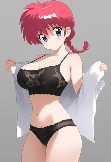 ranma saotome, red hair,  braided hair , blue eyes,  detailed eyes , big breasts, full body, cute and sexy butts, tight black bl...