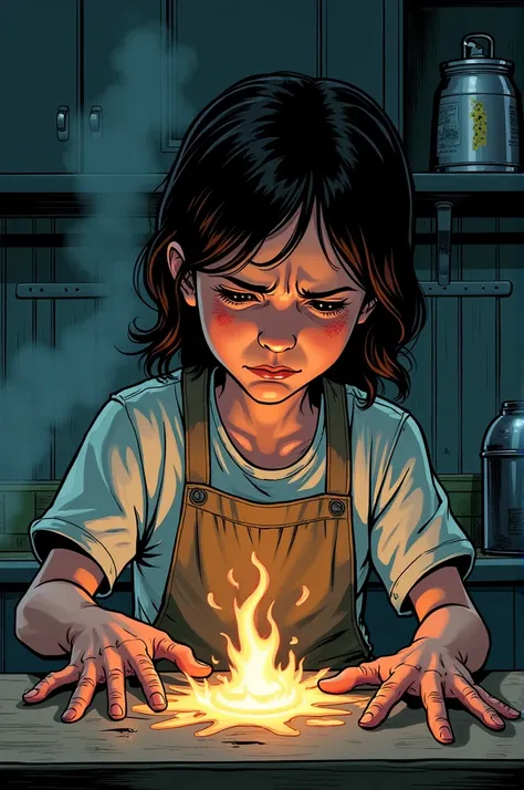 Labor exploitation of a girl or the same girl in the kitchen looking at the burn wounds that were left in the kitchen crying comic style