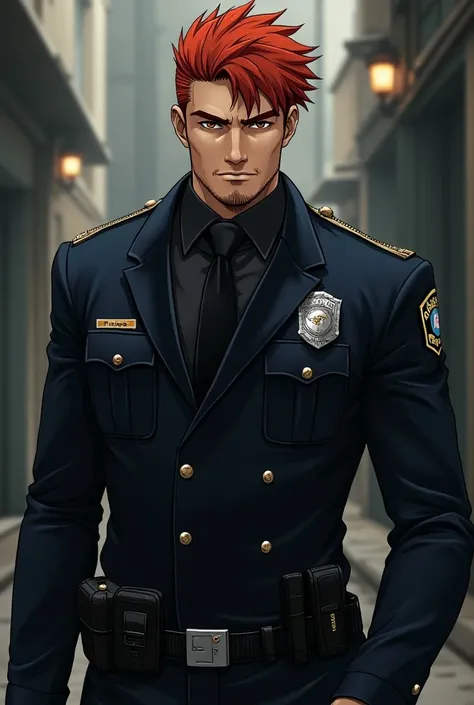  I would like to realistically create the character Aleksander from the manga veil  (  a red-haired policeman with brown eyes, arched eyebrows and a serious face, tall, half-strong man )