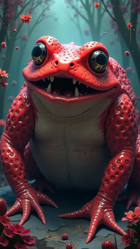 A toad with strawberry fruit skin, epic and scary looking with cinematic style, colorful background