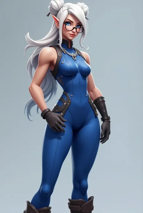 Fortnite girl with pointy ears, thick thighs,  thin waist with blue eyes with white hair tied double, wearing glasses, brown boots, sexy royal blue jumpsuit , Whole body
