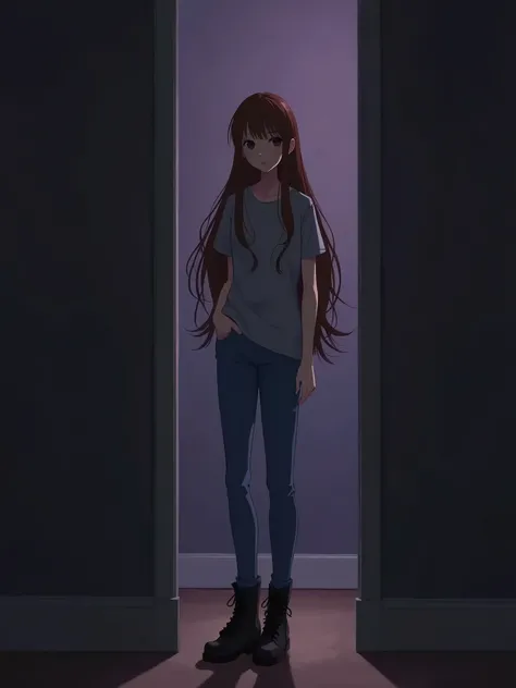 Anime skinny Caucasian girl with long brown loose hair 170 cm tall dressed in blue jeans black boots unblemished gray t-shirt is standing in front of the entrance of a dark room with purple walls after a long day of work