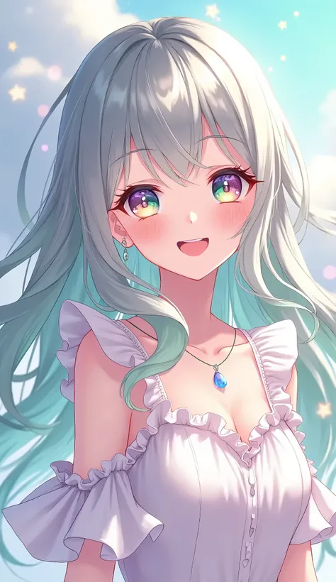 Bright green hair、light gray hair 、Shiny Hair,  Gradient Color Hairstyles, Pastel colors、Long Hair、 smile, Gradient color eyes, White ruffle dress、 High Resolution , masterpiece, number々Awards, 高quality,  High Resolution モデル,  ultra-fine,  Textured Skin,  ...