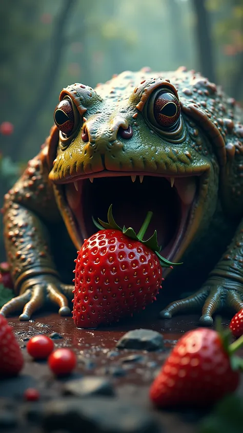 A toad eating a strawberry fruit, epic and scary looking with cinematic style, colorful background