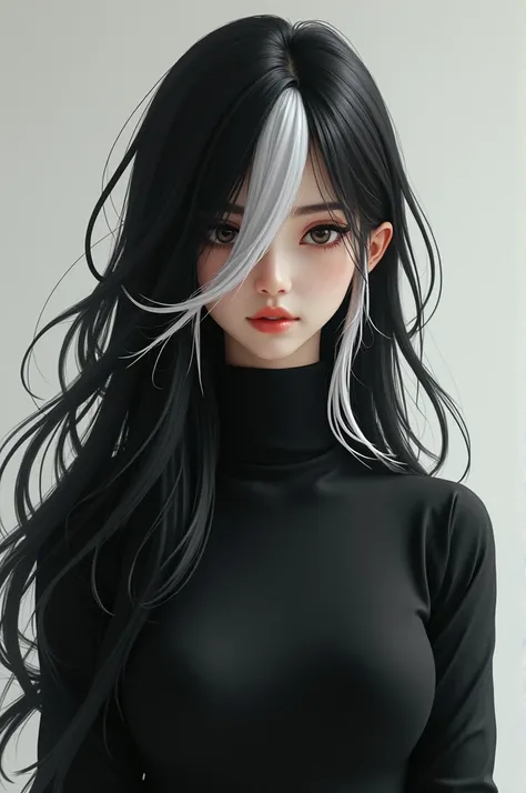 A girl with black hair with a white lock and a turtleneck