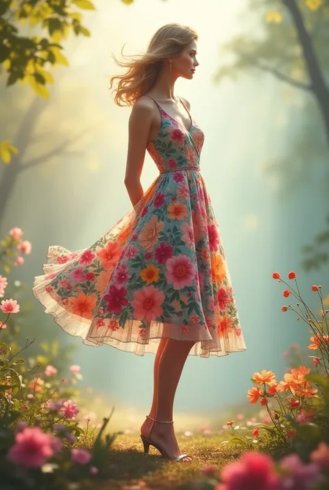 Create a dress knee length with floral print and dreamy background 
