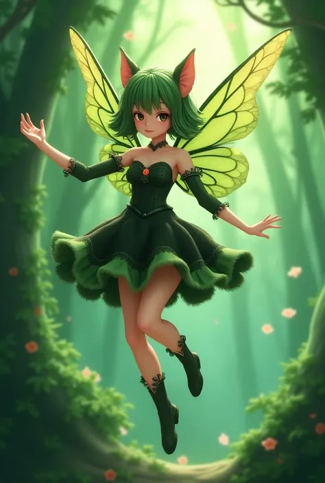 Anime girl in green and black costume on wings and green background, pixie character, fairy, forest fairy, insect trainer girl, brunette elf with fairy wings, pixie, cute 3d anime girl rendering, April rendering, fairy dance, open legs  