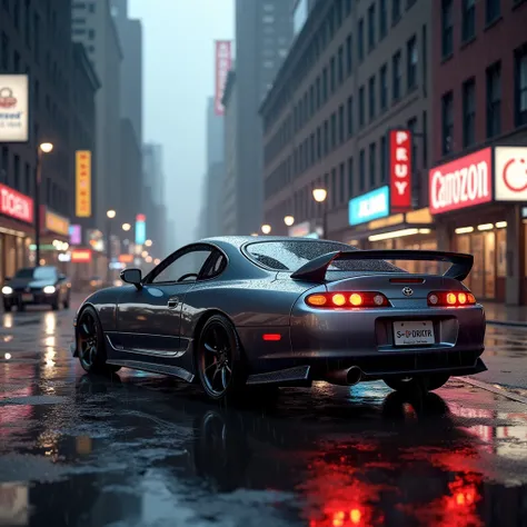 Supra Mk4 from 1993 in New York City with puddles of water and raining

