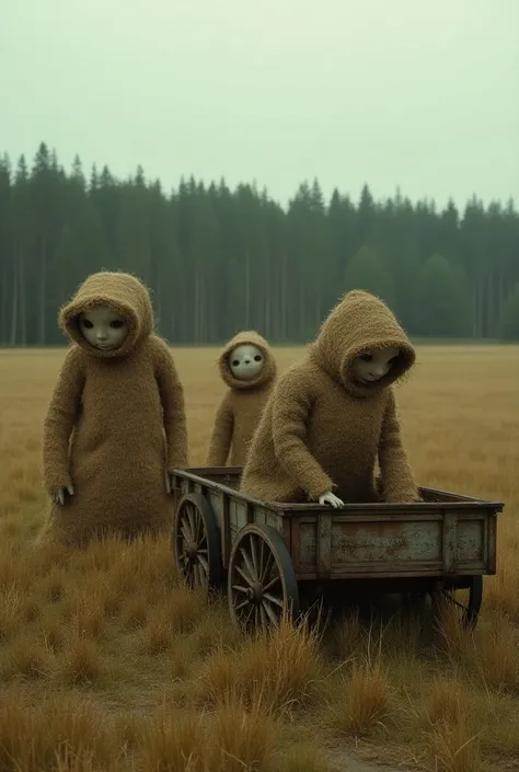 a field, near the forest , In the field there were doll-shaped sacks made of straw, worn out and several abandoned carts (bottom)