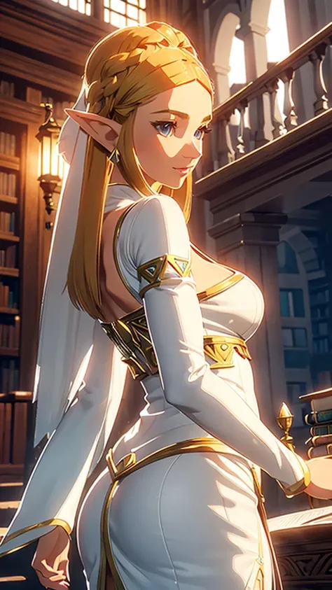 zelda, white evening gown, orgasm, trembling, library, from behind, super detailed,  masterpiece, high resolution, digital art, ...