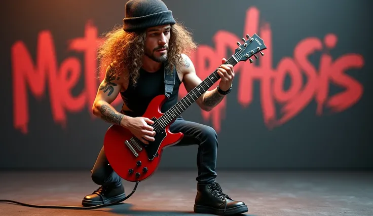  Realistic 4d caricature of man lookalike Slash guitarist guns n roses,  curly gondrong hair , beanie hat ,  wears sleeveless shirt in black , black jeans,  black sneaker ,  playing electric guitar ,  background written  "Metamorphosis", HD quality