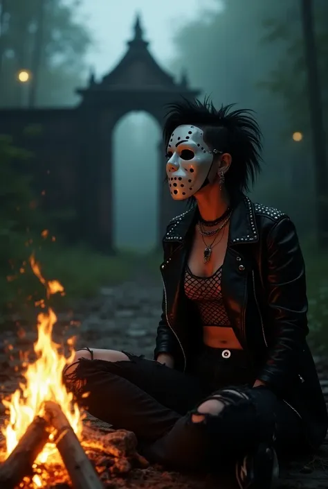 Make me a woman in a punk goth outfit, with a Ghostface mask sitting in front of a campfire looking out at a dark amusement park entrance